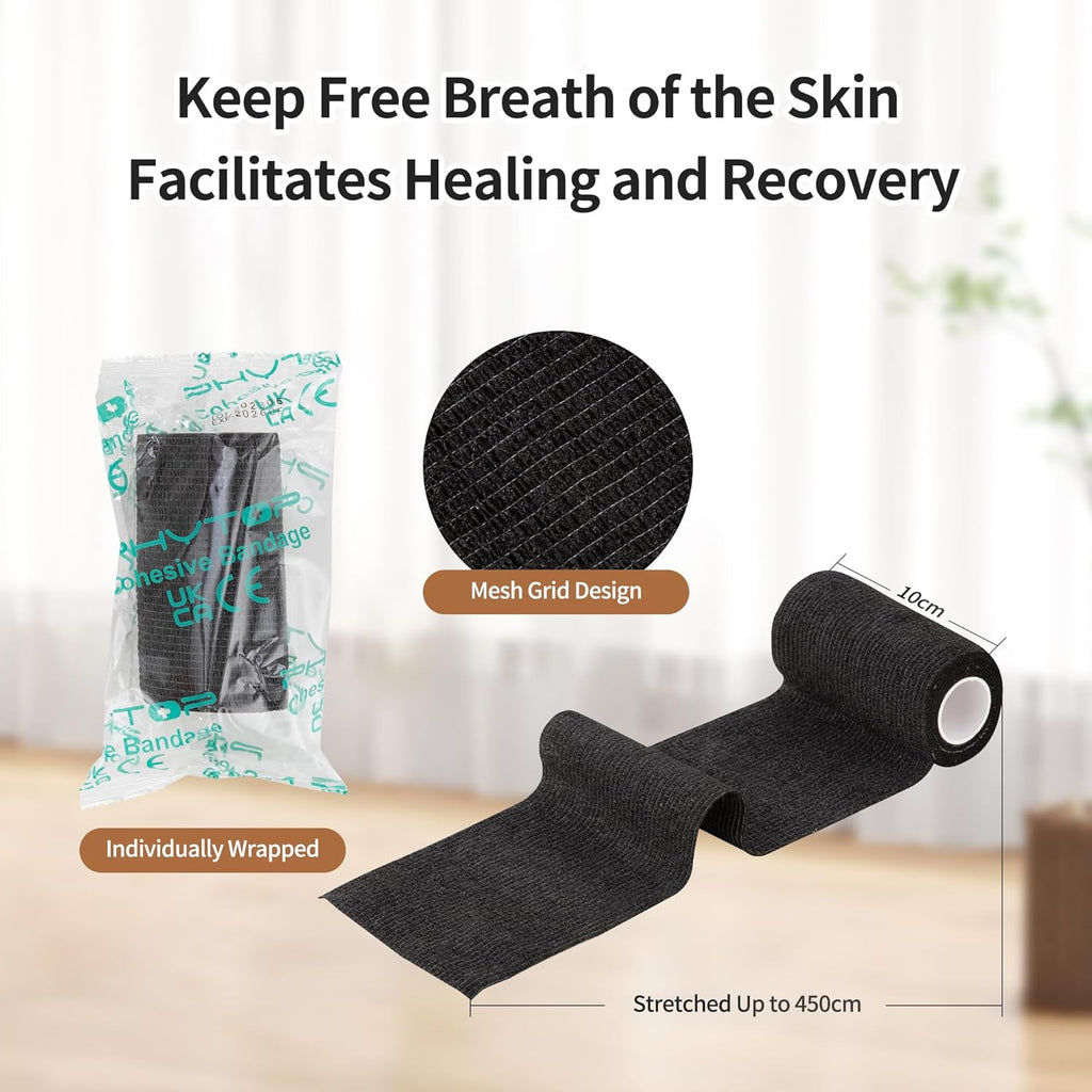 PHYTOS 12 Rolls Self-Adhesive Bandage Wrap - 4 Inch x 5 Yards Cohesive Sports Tape | Breathable Vet Wrap for Horses & Dogs (Black)