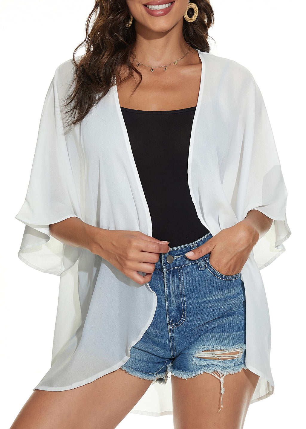 Women Summer Tops Kimono Cardigans Sheer Beach Cover Ups Chiffon Open Front Shirts （White,3XL)