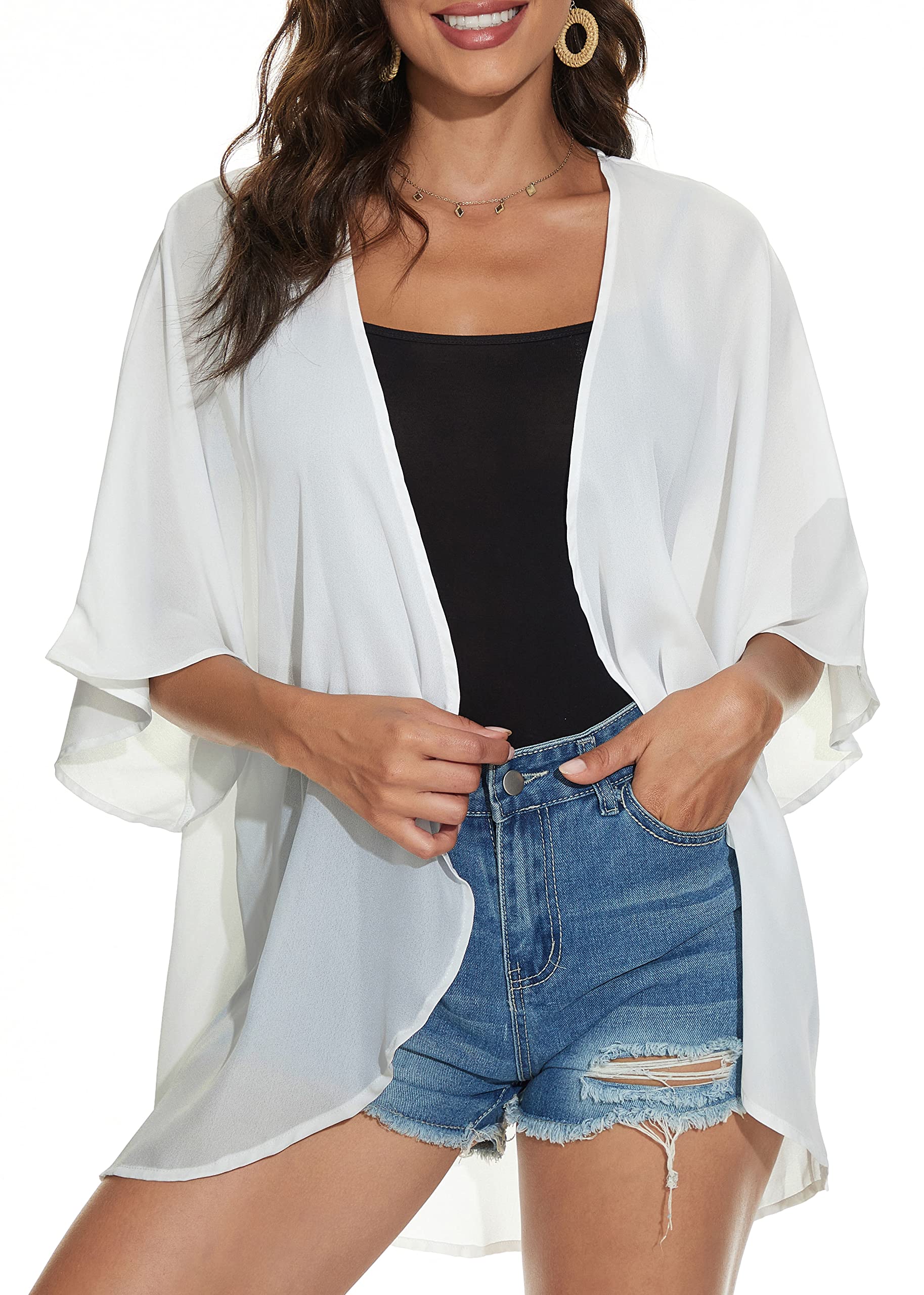 Women Summer Tops Kimono Cardigans Sheer Beach Cover Ups Chiffon Open Front Shirts （White,3XL)