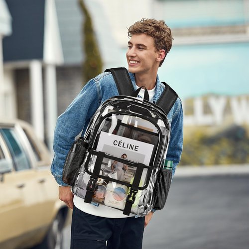 KUI WAN Clear Backpack, Large Clear Bag Stadium Heavy Duty PVC Transparent See Through Backpacks for Boys Girls, College, Work, Black