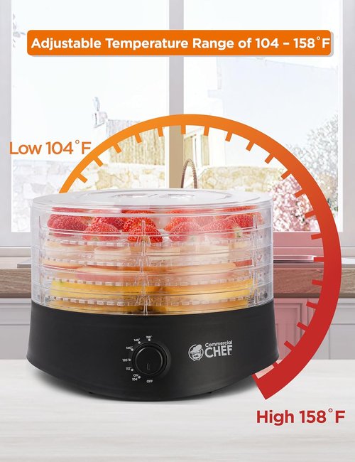 Commercial Chef Food Dehydrator - 5 BPA-Free Trays for Meat, Fruit & Veggies | 280W Adjustable Thermostat, Black