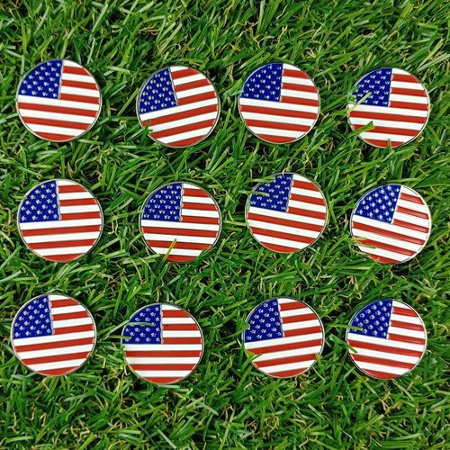 GOLTERS Golf Ball Markers Assorted Patterns Value Pack of 12 Golf Gifts, Golf Cap Clips and Divot Repair Tools Parter Accessories Sets for Men Women Golfer (Flag 12pcs)