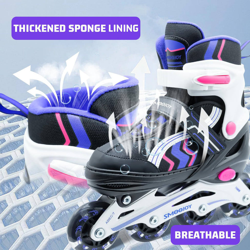 SMOOJOY Inline Skates for Kids Light-Up Wheels Aluminum Frame Black Rose Red Blade Skate for Boys and Girls S, M, L Sizes, Ages 8-12, Perfect for Beginners Indoors and Outdoors