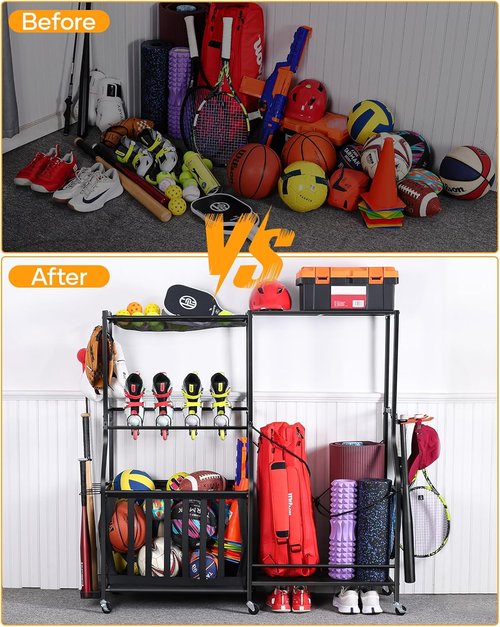 Garage Sports Equipment Organizer - Heavy-Duty Rolling Golf Bag Storage Rack with Bins & Hooks | Black, Large