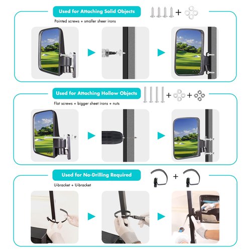 10L0L Golf Cart Mirror, Side Rear View Mirror Fits for Yamaha EZGO Club Car Golf Cart and Others Drilling Required or No-drilling Required Hardware Include