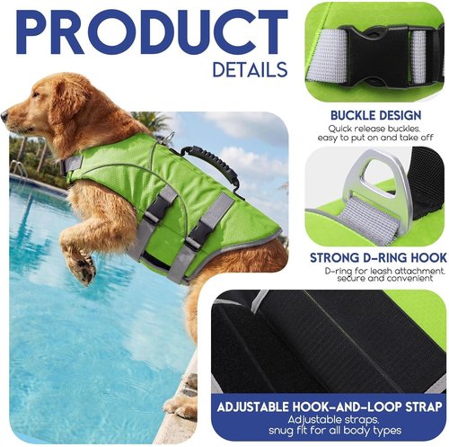ASENKU Dog Life Jacket - High Buoyancy Swimming Vest with Rescue Handle | Adjustable Fit for Small to Large Dogs (Neon Green, Size S)