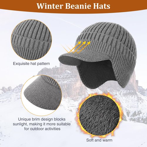 ZEXIAN 2Pack Men&Women Winter Warm Fleece-Lined Knit Beanie Hats with Visor & Ear Flaps for Cold Weather (US, Alpha, One Size, Black+Grey)