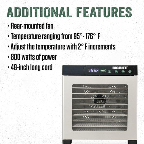 LEM Products BigBite 10-Tray Stainless Steel Dehydrator - Perfect for Jerky, Fruits & Vegetables | Silver Finish
