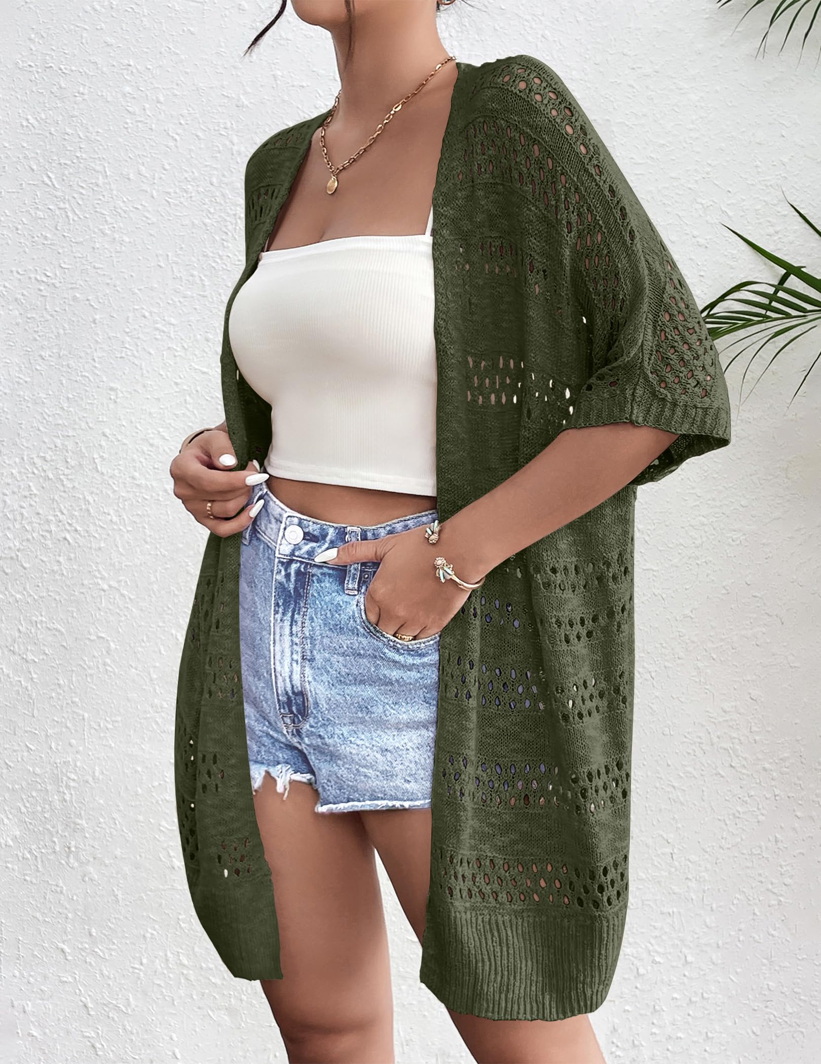 Zeagoo Crochet Cardigan for Women Light Weight Boho Short Sleeve Loose Fit Knitted Oversized Cardigan for Summer Dark Green