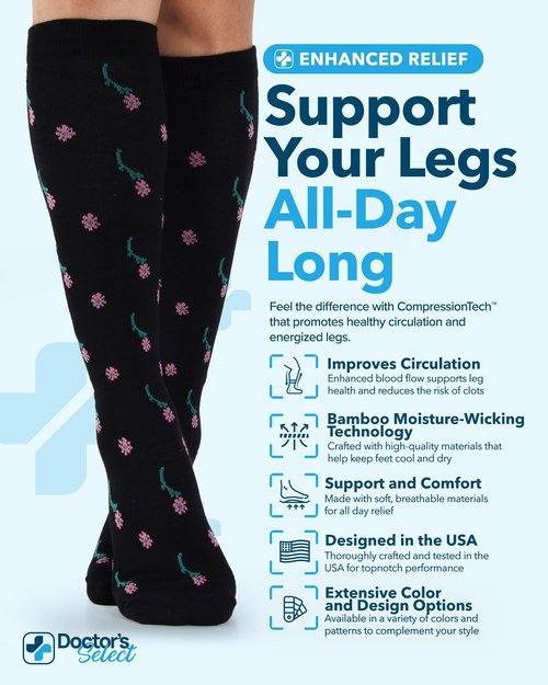Doctor's Select Light Compression Socks for Women & Men - 3 Pairs, Knee High Comfort and Support, 8-15 mmHg Compression Socks Women, Flowers (Lilac, Black, Gray)