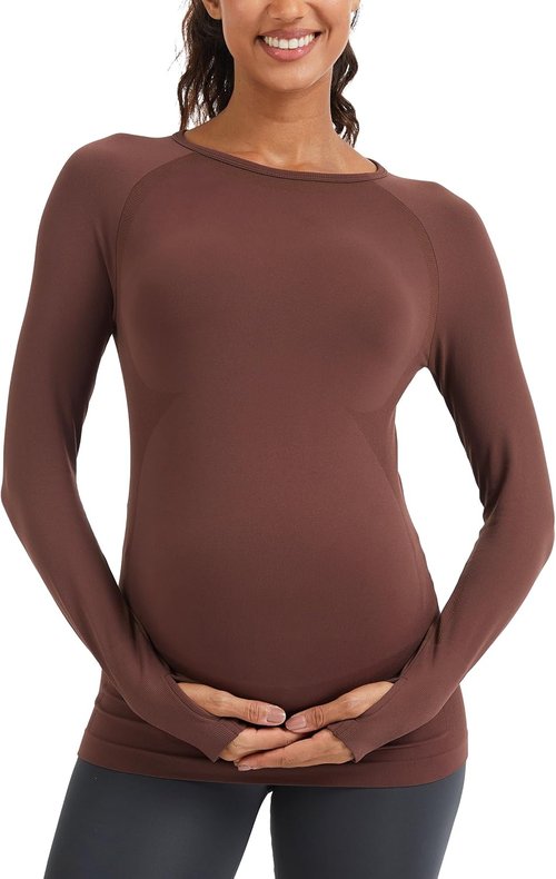 MathCat Seamless Maternity Shirts - Long Sleeve Athletic Tee for Pregnancy | Comfortable Casual Wear