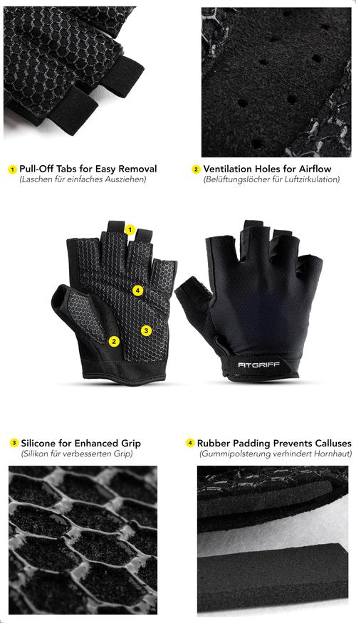 Fitgriff® Workout Gloves (Padded) for Men & Women - Fingerless Gym Gloves for Weight Lifting, Training - Full Palm Protection (Black, Size 5)