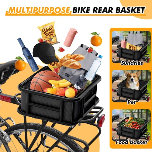 Bike Basket Rear with Cargo Net and Liner Large Bicycle Basket Electric Bicycle Basket Rear Ebike Large Rear Bike Basket Rack with Waterproof Cover Cargo Net
