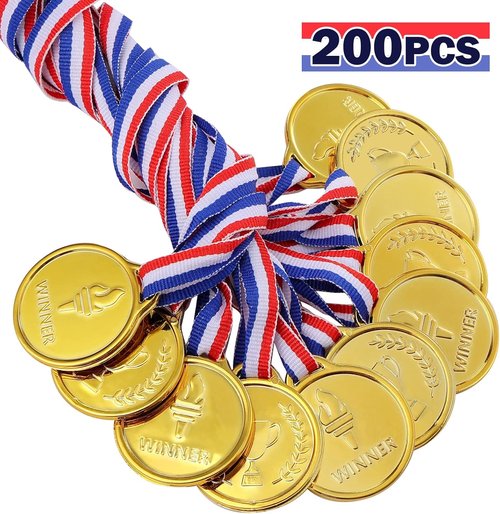 Caydo Gold Medals for Kids - 200 Count Plastic Award Medals for School Sports Competitions