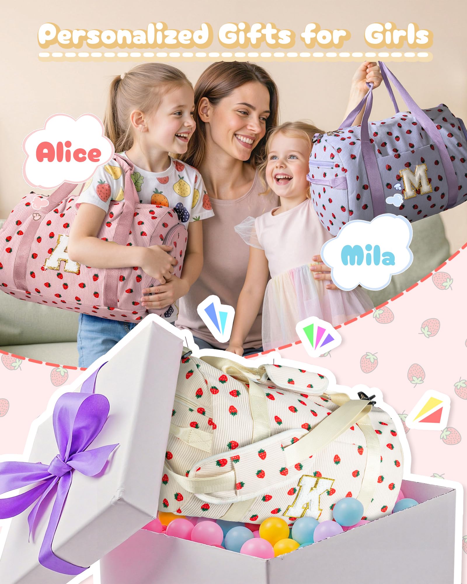 Vogewood 6 7 8 9 10 11 12 Year Old Girl Birthday Gifts, Girls Gym Bag, Kids Personalized Weekend Duffel Bags with Shoe Compartment, Initial Travel Tote with Makeup Bag, Holiday Gift Set (Letter E)