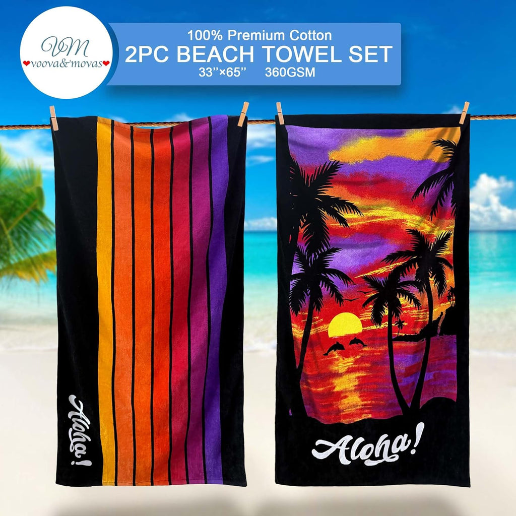 VOOVA 2PC Beach Towels - Soft & Absorbent 100% Cotton, Lightweight Pool Towels | 33" X 65", Palm Sunset & Stripe Set