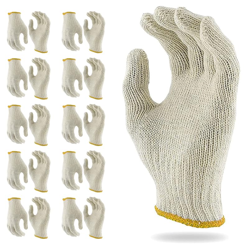 10 Inch Large Beige PolyCotton Work Gloves - Pack of 12, Elastic Wrist, Yellow Edge Line