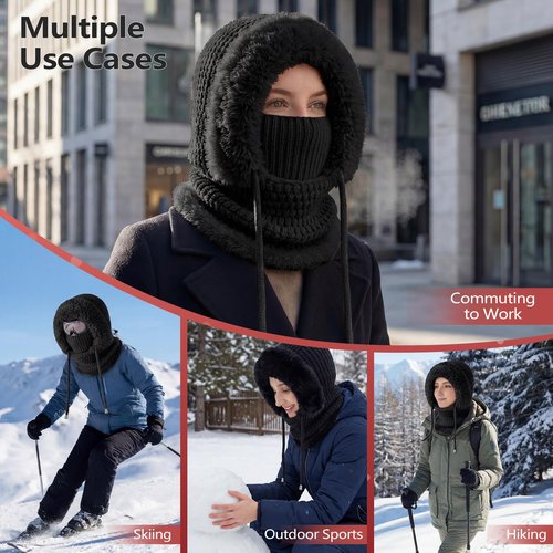 PolaZIA 3 in 1 Beanie Hat with Scarf and Mask, 3-in-1 Beanie Hat for Women, Windproof Scarf Hat, Womens Winter Hat, Knitted Ski Scarf and Face Mask, Wind Resistant Hooded Scarf, Winter Face Mask-A