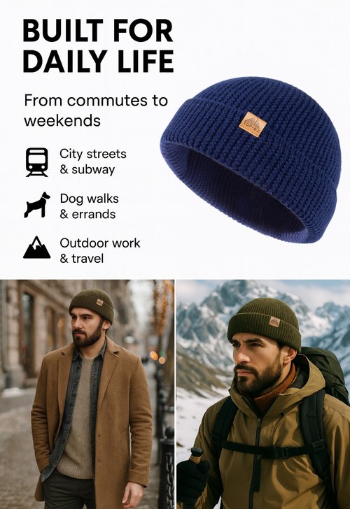 TOP-EX 100% Merino Wool Fisherman Beanie for Men Women | Navy Short Trawler Winter Knit Hat Warm Wool Knit Cap | Beanies for Skiing Running Outdoor Daily Use M/L