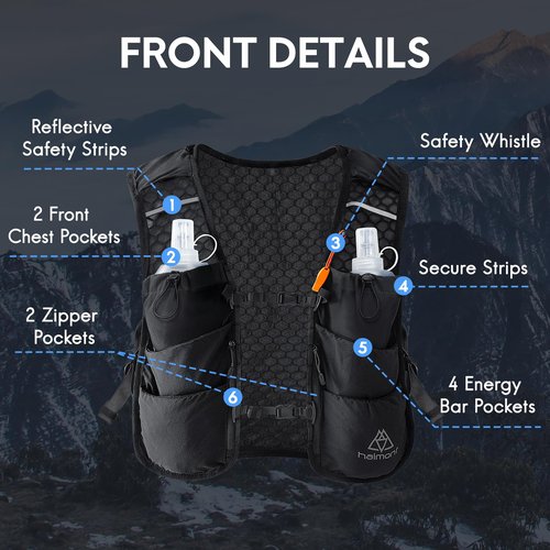 Haimont Running Hydration Vest with 2 TPU Soft Flasks, 5L Lightweight Runner Vest Pack for Women Men, Trail Running, L, Black