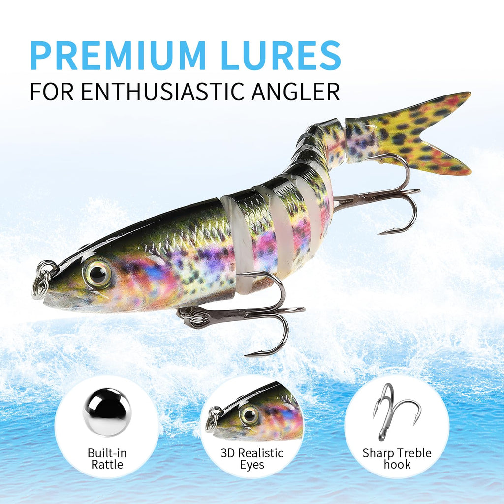 6 Pcs Fishing Lure Set with Durable Hard Plastic Tackle Box | Bass Trout Saltwater Freshwater Fishing Lures | Slow Sinking Lifelike Jointed Swimbait for Beginner & Pro Anglers