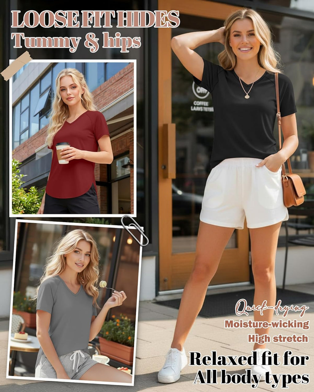 Skiennix Women’s Quick Dry Workout T-Shirts - UPF 50+ Sun Protection | V-Neck, Side Slits, Curved Hem (5 Pack)
