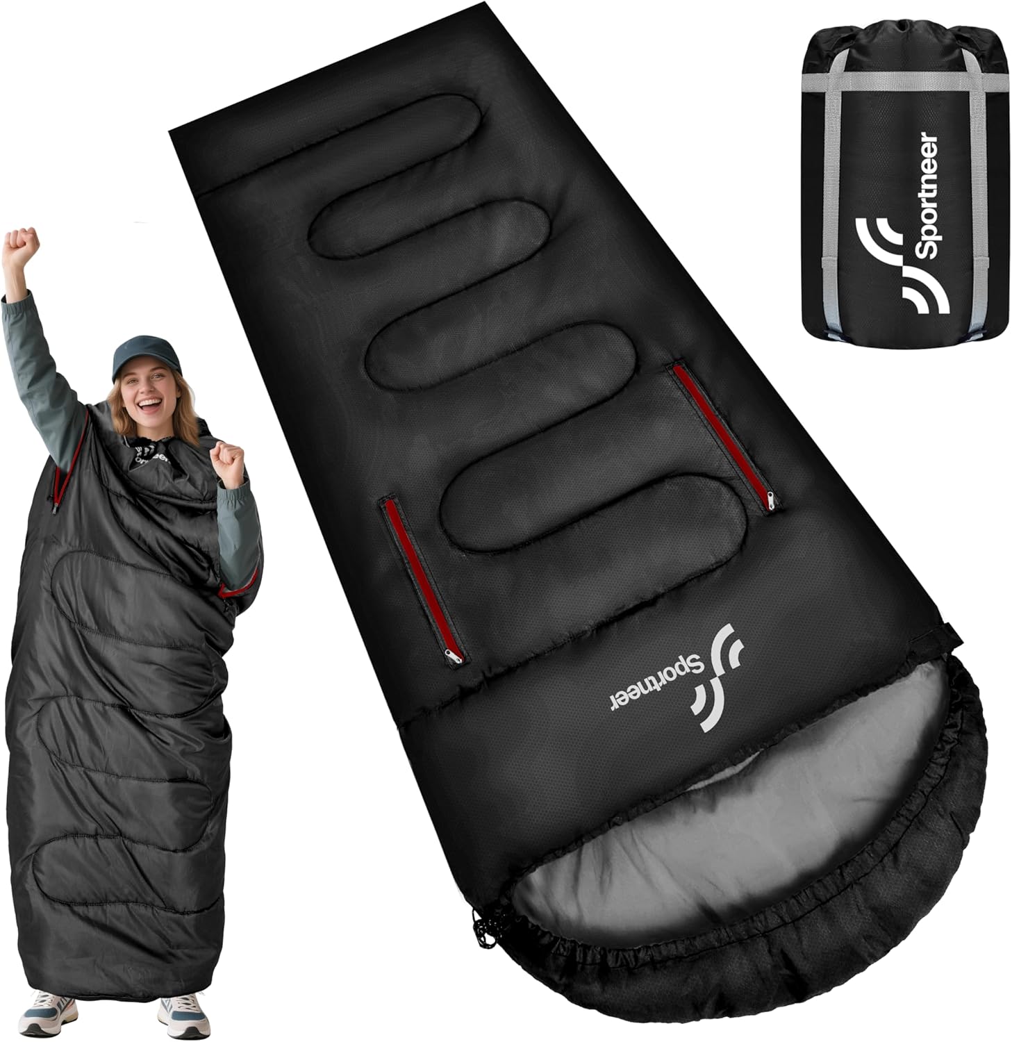 Sportneer Wearable Sleeping Bag - Walkable Design with Arm Zippers, Waterproof & Compact for Camping, Travel, and More