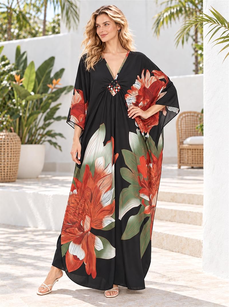 Plus Size Kaftan Dress for Women - V-Neck Batwing Beach Cover Up, Orange & Green Peony
