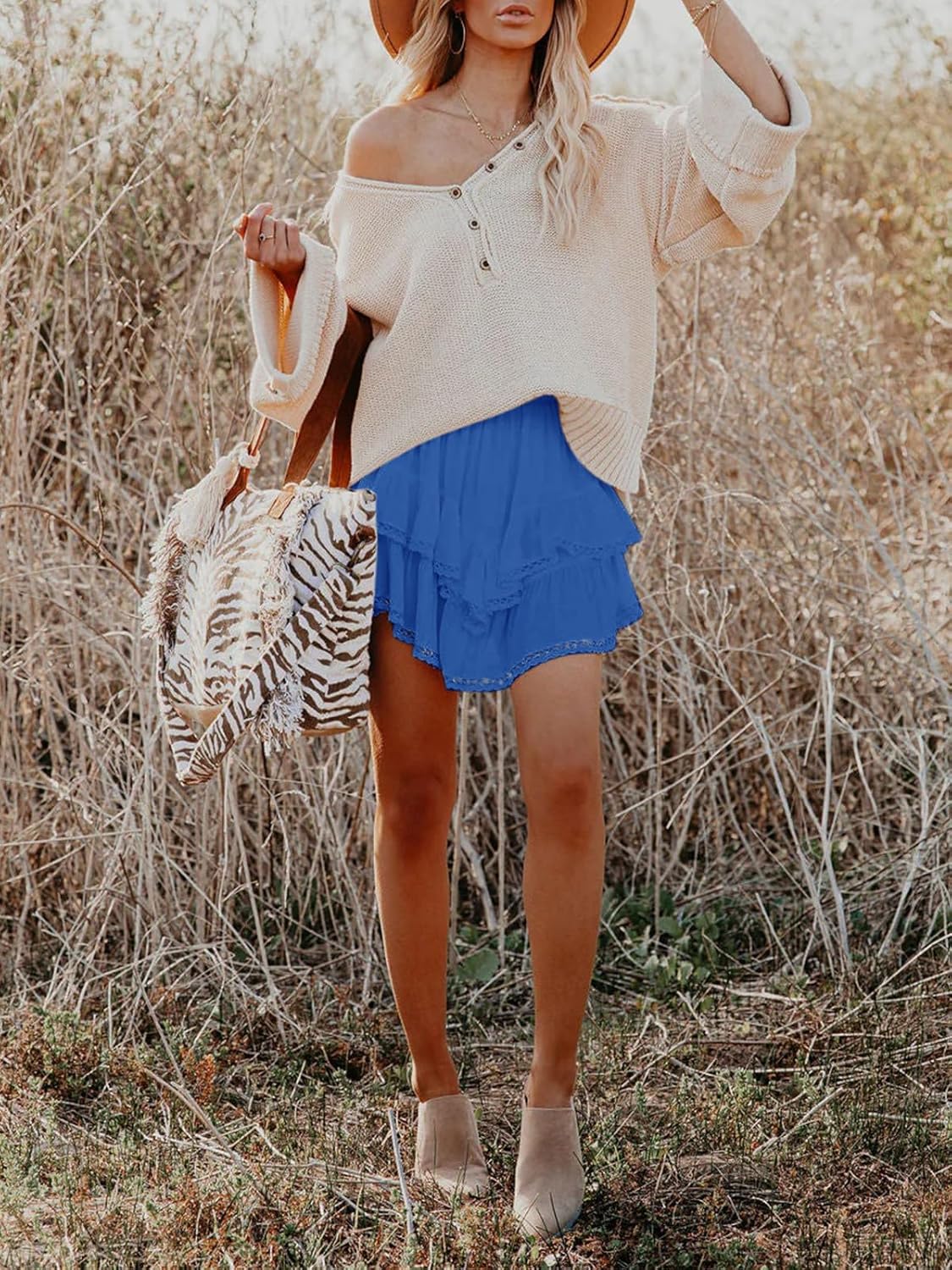 Aoudery Flowy Shorts for Women - Casual Boho Ruffle Tiered High Waist Mini Skorts | Perfect for Golf & Tennis