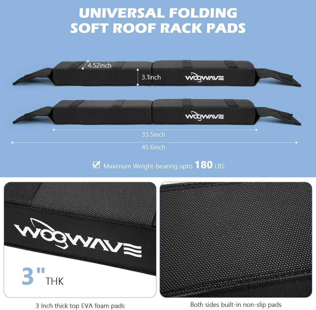 WOOWAVE Folding Kayak Carrier - Soft Roof Rack Pads with 4 Tie Down Straps & Storage Bag | Universal Fit for Canoe, Surfboard, Paddleboard, SUP