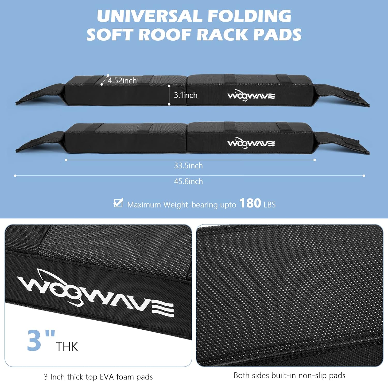 WOOWAVE Folding Kayak Carrier - Soft Roof Rack Pads with 4 Tie Down Straps & Storage Bag | Universal Fit for Canoe, Surfboard, Paddleboard, SUP