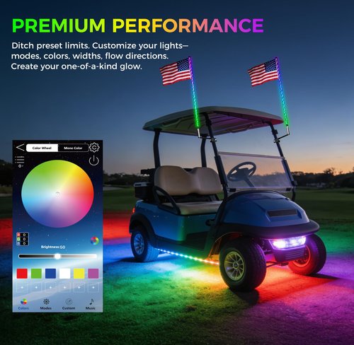 2 Pack Golf Cart Whip Light - 210 Selectable Lighting Modes, Easy Installation, Waterproof Whip Light with Color Width Flow Direction Customization for Golf Carts 2.53FT