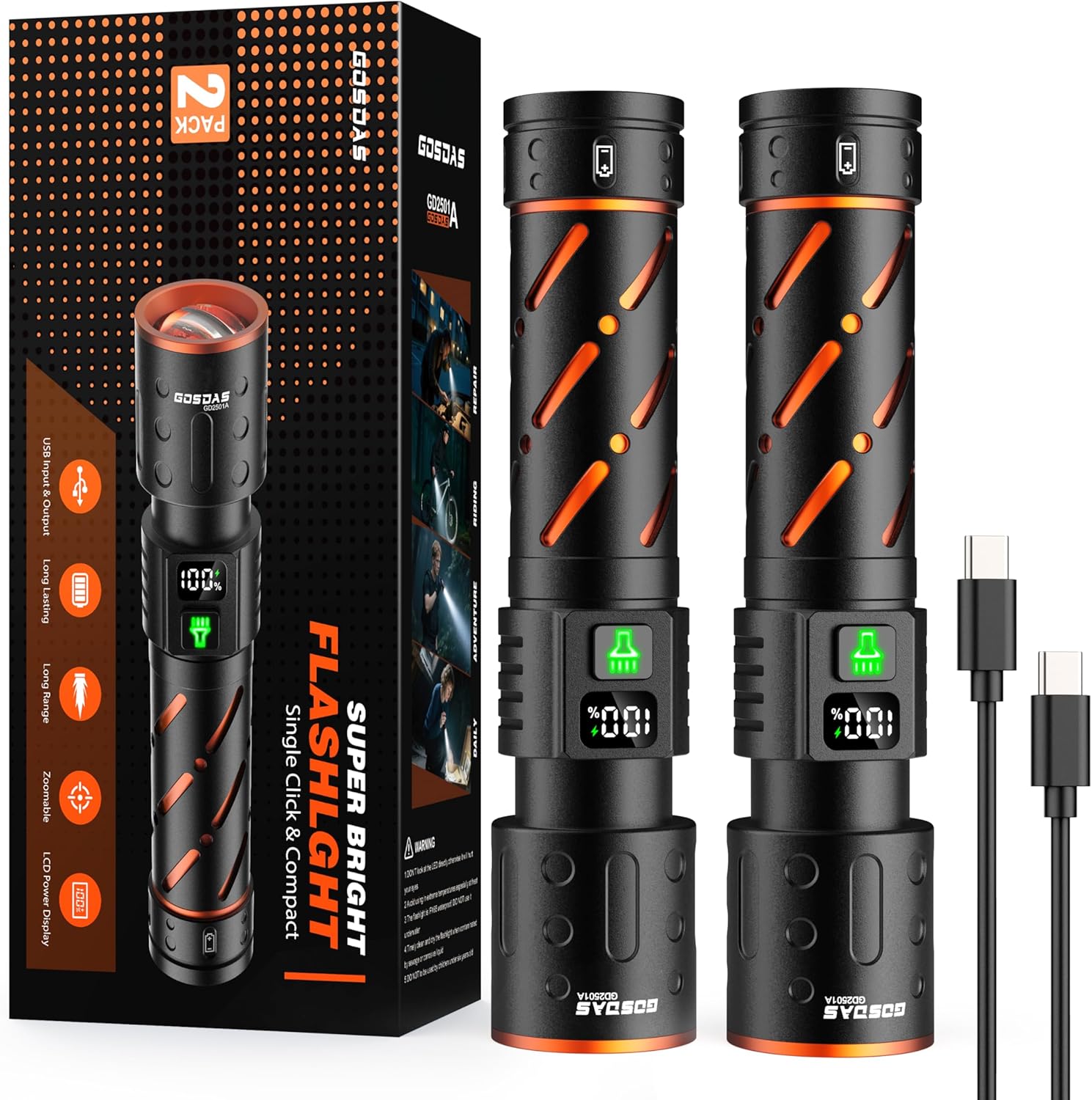 Skiennix Rechargeable Flashlights - Super Bright 30W LED, 100,000 Lumens, 12-Hour Battery Life | 3 Modes, USB-C Input/Output