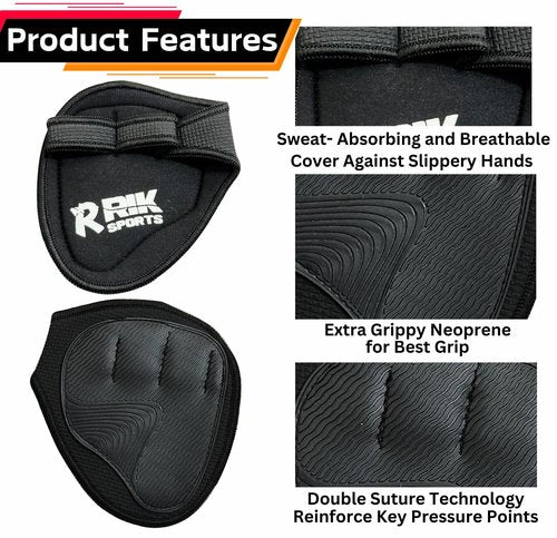 RIK SPORTS Non-Slip Neoprene Gym Grip Pads – Alternative to Workout Gloves for Weightlifting, Pull-Ups, Powerlifting, Calisthenics, and Gymnastics – Fitness Grips for Men and Women (Black, One Size)