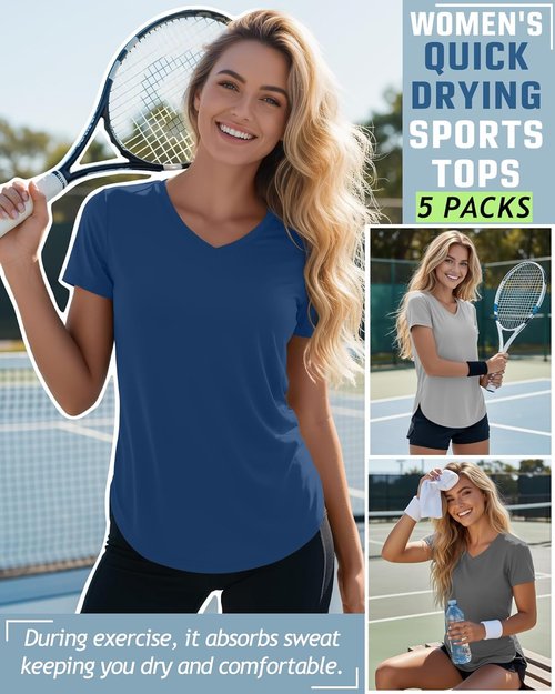 Locoowai Women's Workout Shirts - V Neck Quick Dry Tops with UPF 50+ Protection | 5 Pack, Short Sleeve