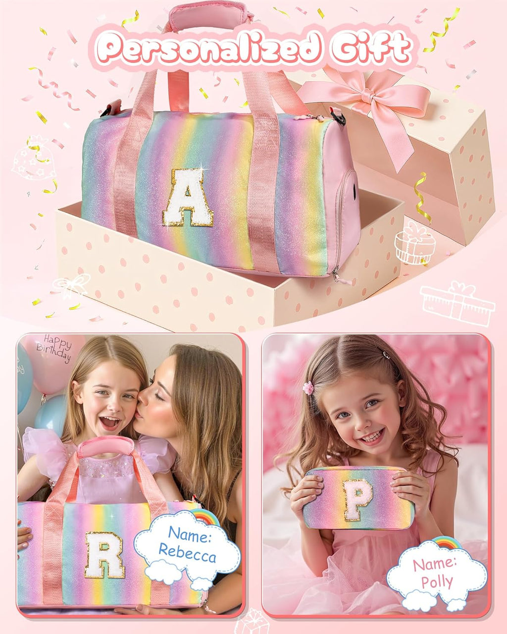 Preppy Gifts | Personalized Girl Gym Bag with Shoe Compartment & Makeup Pouch - Ideal for Ages 3-12