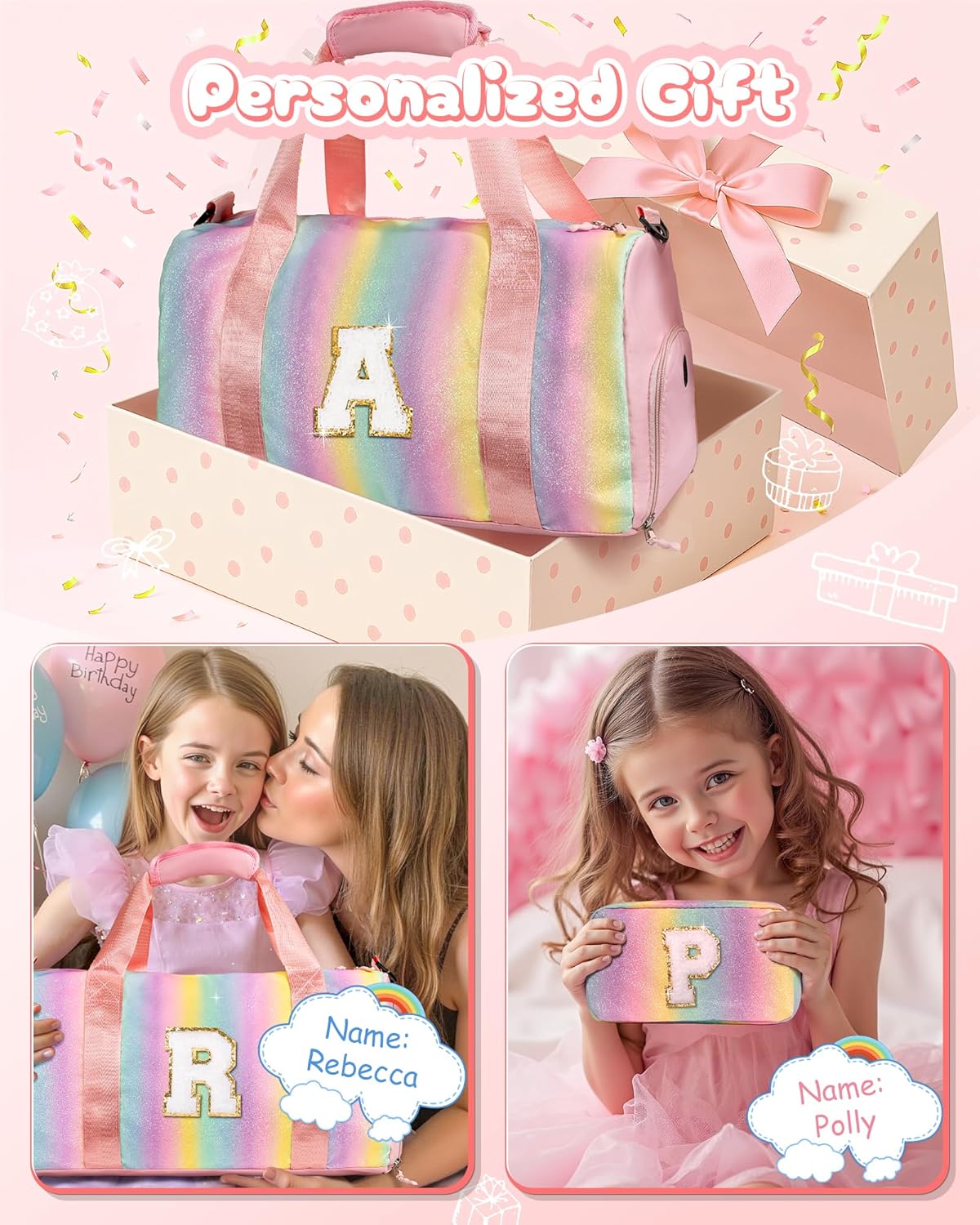 Skiennix Girl Gym Bag - Personalized Weekender Tote with Shoe Compartment & Makeup Pouch (Letter I)