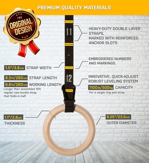 Double Circle Wood Gymnastics Rings - Quick Adjust Numbered Straps & Exercise Guide | Full Body Workout (Multi-Size)