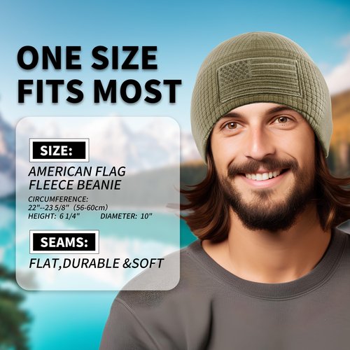 OUTDOOR SHAPING Grid Fleece Beanie with American Flag Embroidery Waffle Tactical Army Military Skull Cap Grey
