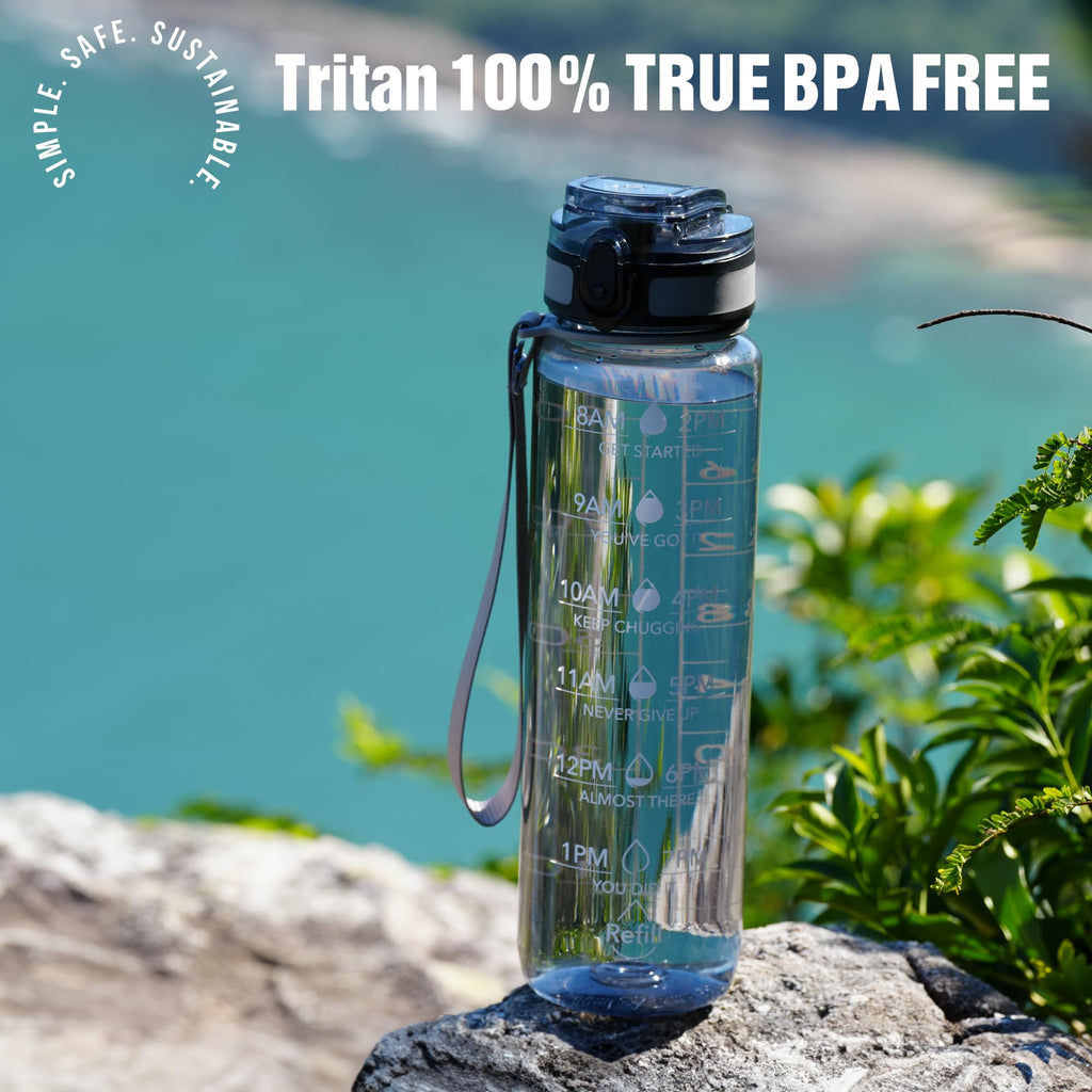 OLDLEY Water Bottle, 32oz Motivational Sports Water Bottle with Time Marker - Times to Drink - Tritan, BPA Free, Wide Mouth Leakproof,Anniversary Birthday Gifts for Men Women,Smoke Grey (1 Bottle)