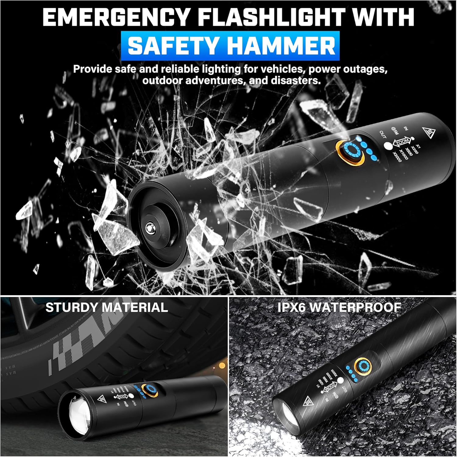Skiennix Rechargeable Flashlight - 2000 Lumen Super Bright LED with 5 Modes | USB-C Battery Powered for Outdoor Use