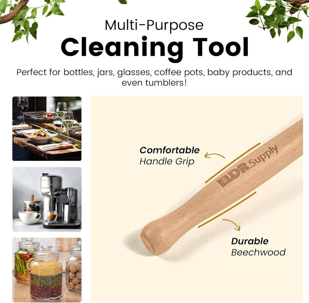 Skiennix Bottle Brush - 14-Inch Extra Long Beechwood Handle with Strong Hemp Bristles | Eco-Friendly Cleaning Tool for Wide Mouth Jars and Tumblers