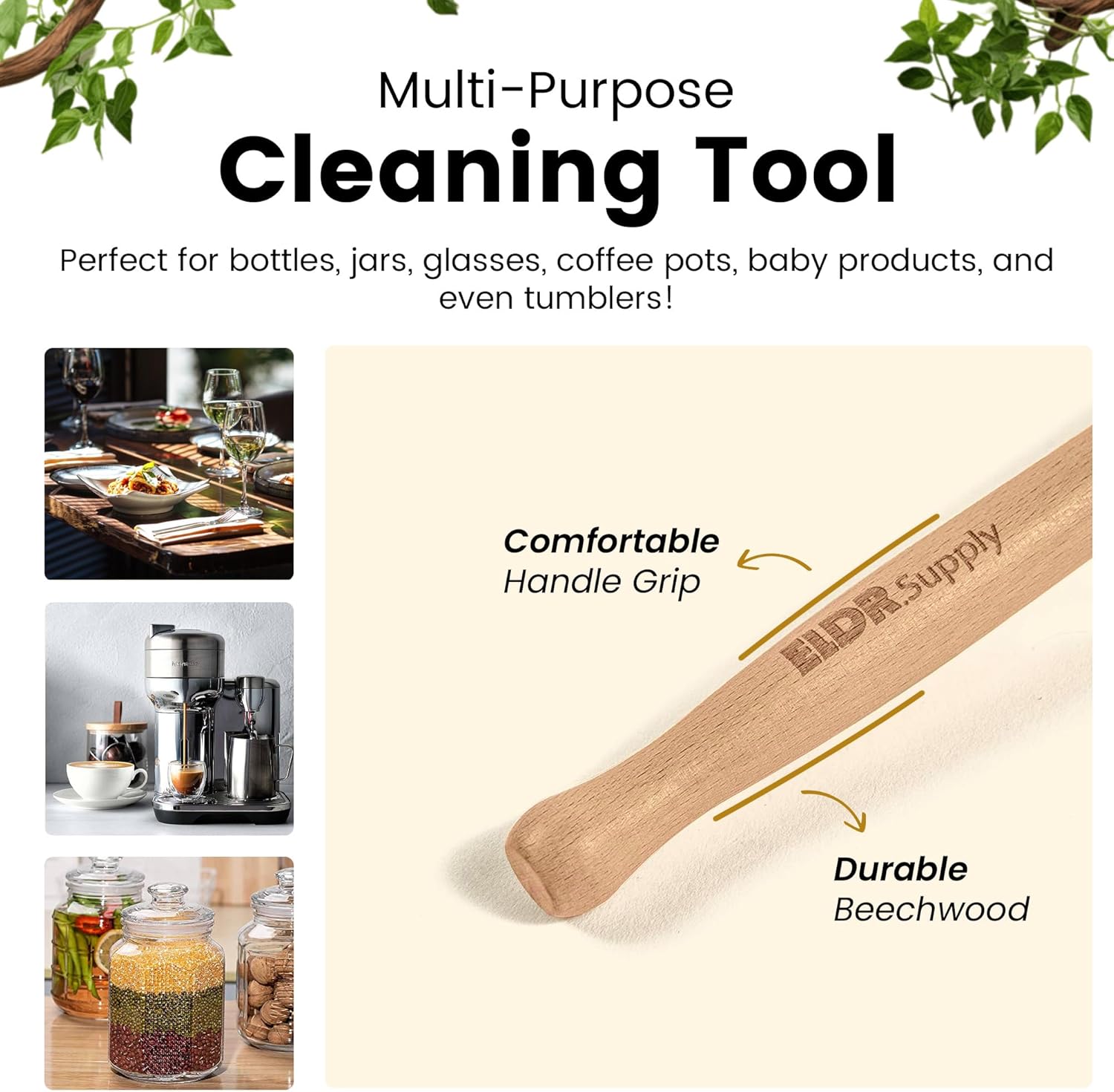 Skiennix Bottle Brush - 14-Inch Extra Long Beechwood Handle with Strong Hemp Bristles | Eco-Friendly Cleaning Tool for Wide Mouth Jars and Tumblers