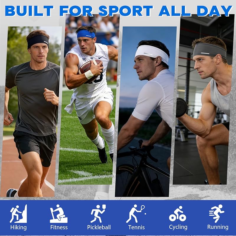 Sukeen 2-Pack Lightweight Mens Headband - Black/Blue, 8cm Sweat-Wicking, Anti-Slip