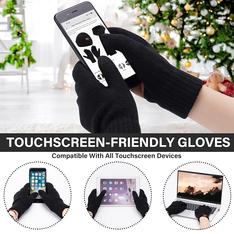 Mens Winter Beanie Hat and Scarf with Touchscreen Gloves Set - Black, One Size