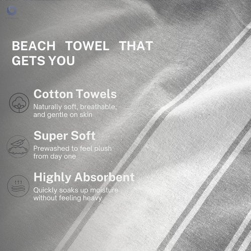 Cotton Turkish Beach Towel with Towels Oversized 36"x72" Pool Absorbent Extra Large Quick Dry Sand Travel Towel (Grey, 4 Pack)
