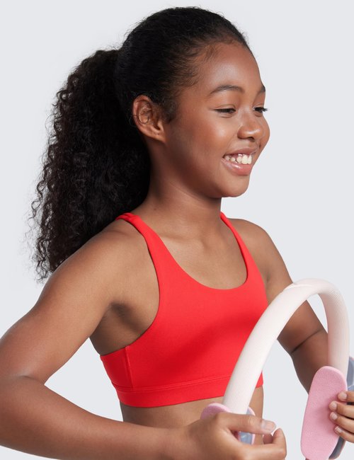 CRZ YOGA Girls Butterluxe Cross Back Sports Bra - Yoga Athletic Casual Tops Scoop Neck Padded Crop Kids Teen Deep Red Large