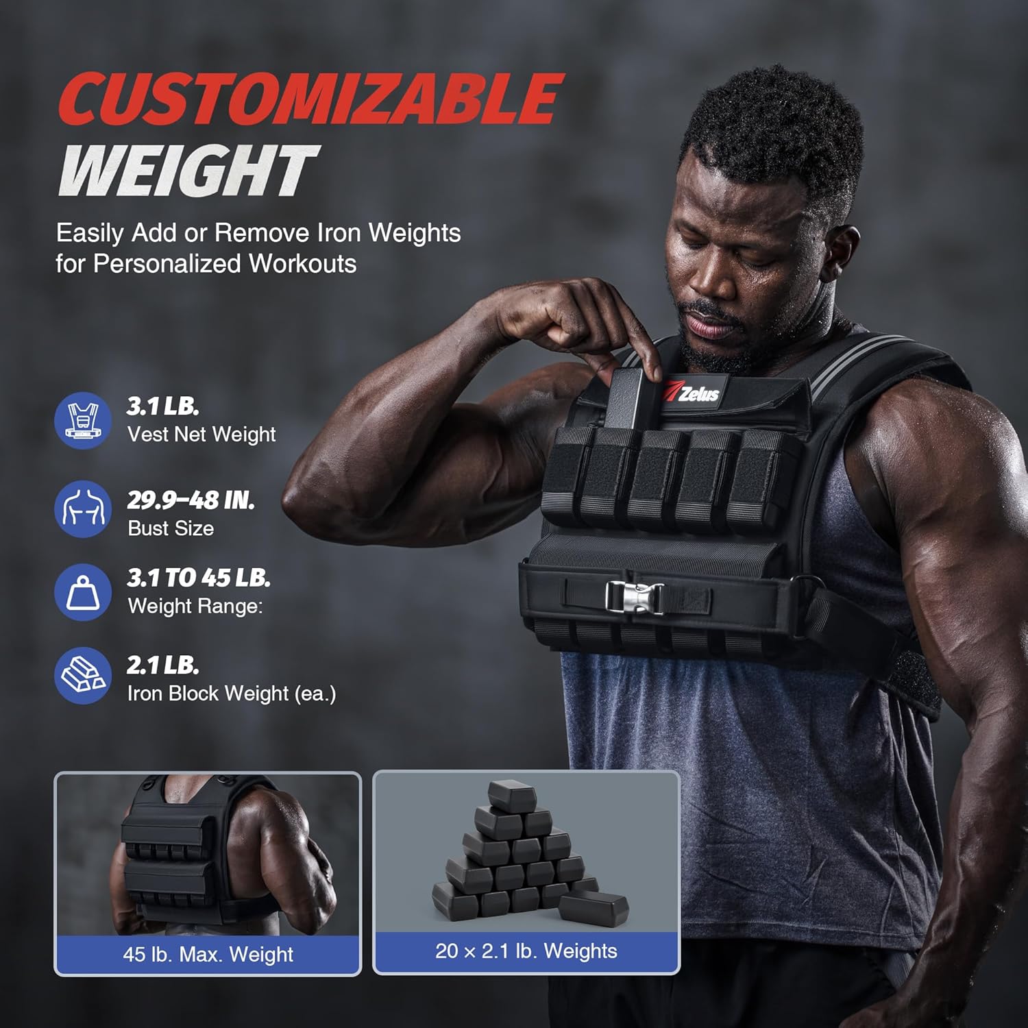 ZELUS Weighted Vest for Men - Adjustable 23/36/45 lb. with Reflective Strips for Strength Training