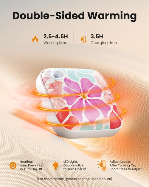 Gaiatop Rechargeable Hand Warmers, 4000mAh Double-Sided Hot Hands with 3 Heat Settings, Light and Strap, Cute Portable Pocket Electric Heater, Stocking Stuffers Reusable Outdoor Gifts for Women Men