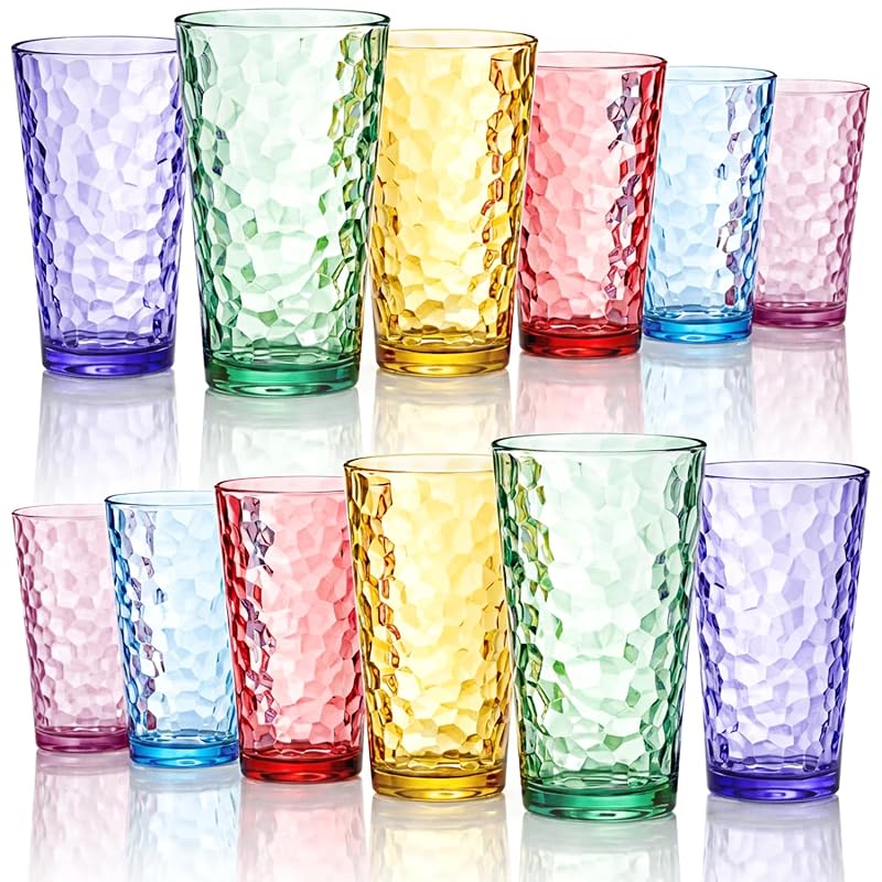 Hammered Multicolor 22 oz Plastic Tumblers Set of 12 - Stackable, Dishwasher Safe
